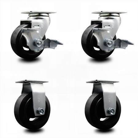 Service Caster 4 Inch Rubber on Cast Iron Caster Set with Roller Bearings 2 Brakes 2 Rigid SCC-20S420-RSR-TLB-2-R-2